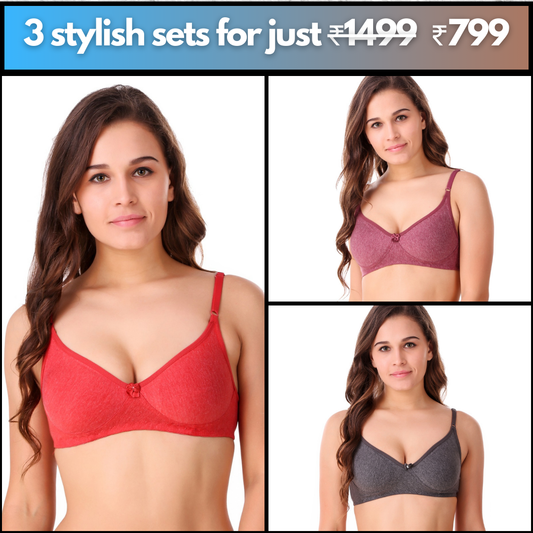 Evoé Glow Pack of 3 bra [Grey,Red,Peach]
